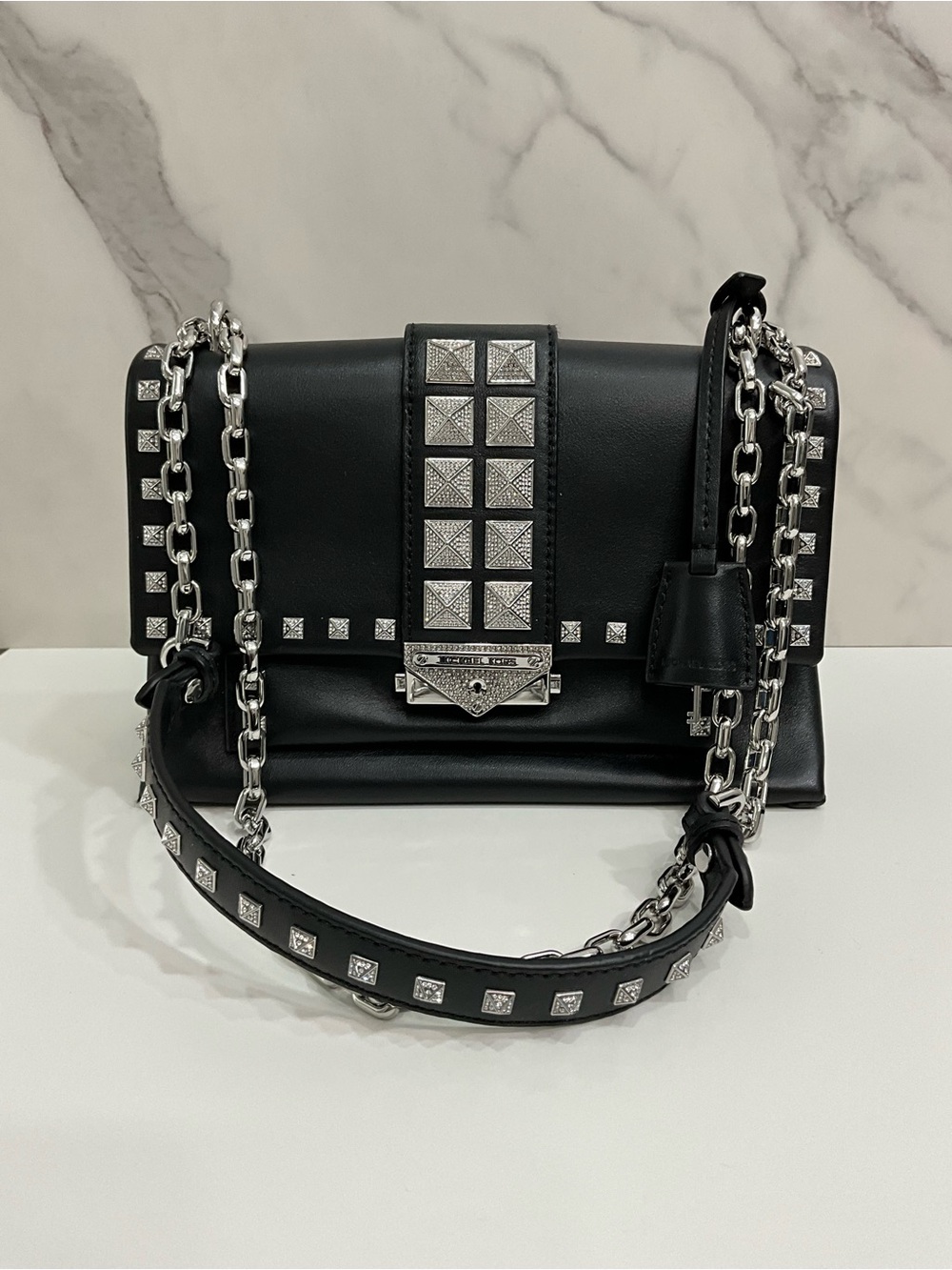 MICHAEL KORS Cece Studded Leather Shoulder Bag Black Silver Studs Chain Strap